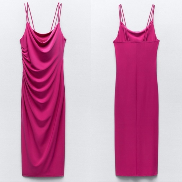 Zara Women’s Draped Neckline Midi Dress Sleeveless Blogger Favorite in Fuchsia M - Picture 13 of 14